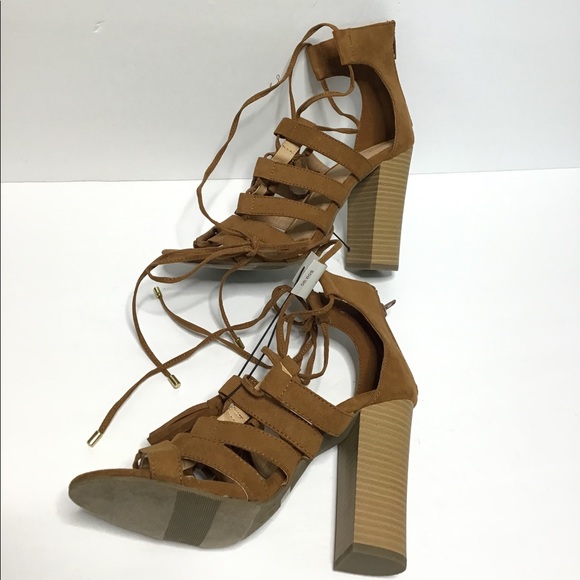 Cognac peep toe suede Strappy fringe block heels 7 - Picture 4 of 5
